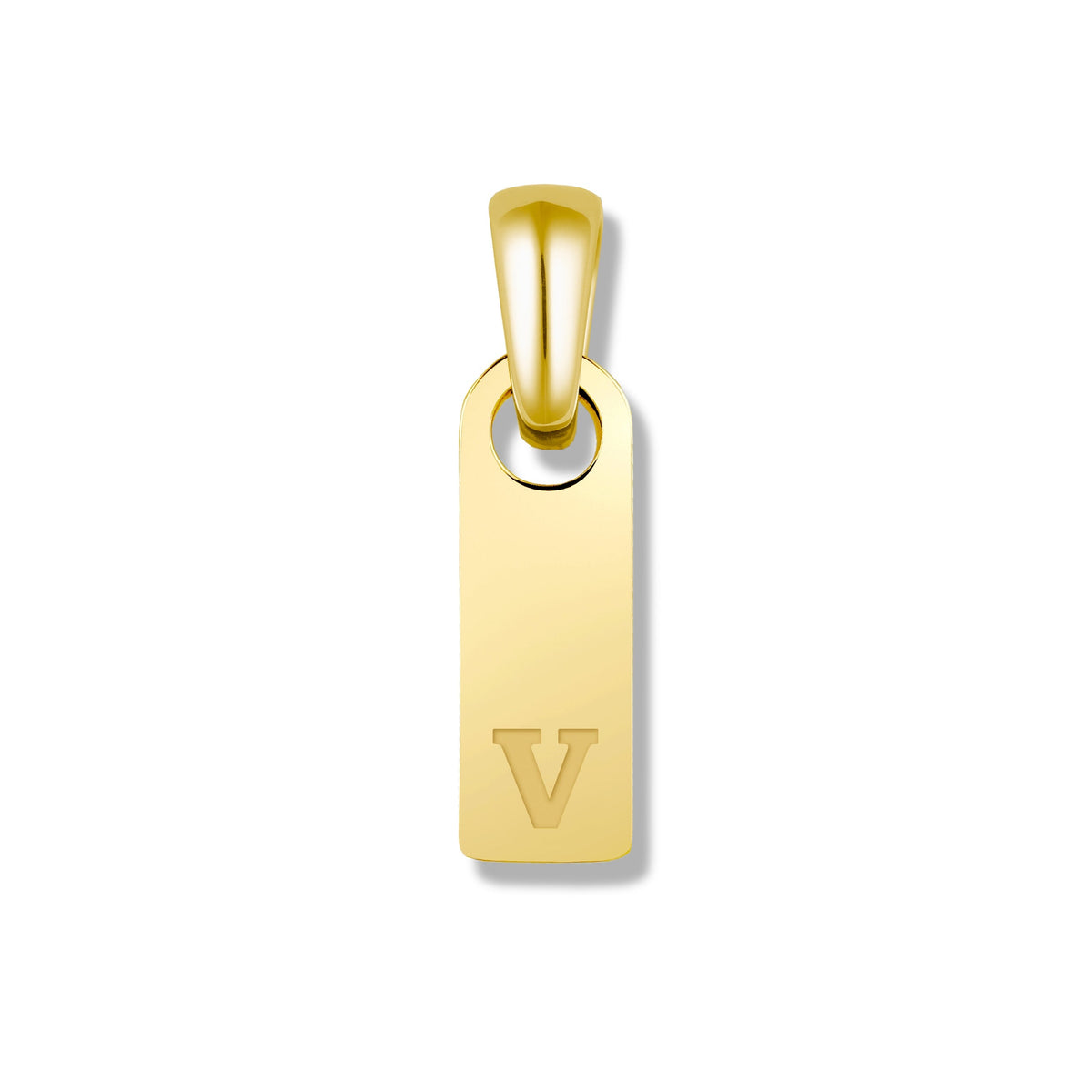 Gold pendant with letter 'V' on a white background