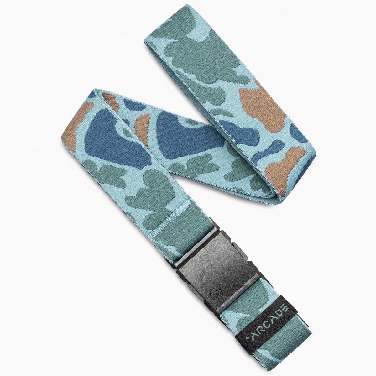 Arcade Belts High Fives Duck Camo Belt in Cove — patented A2 buckle, micro-adjustable REPREVE® stretch webbing, metal-free, duck camo print  