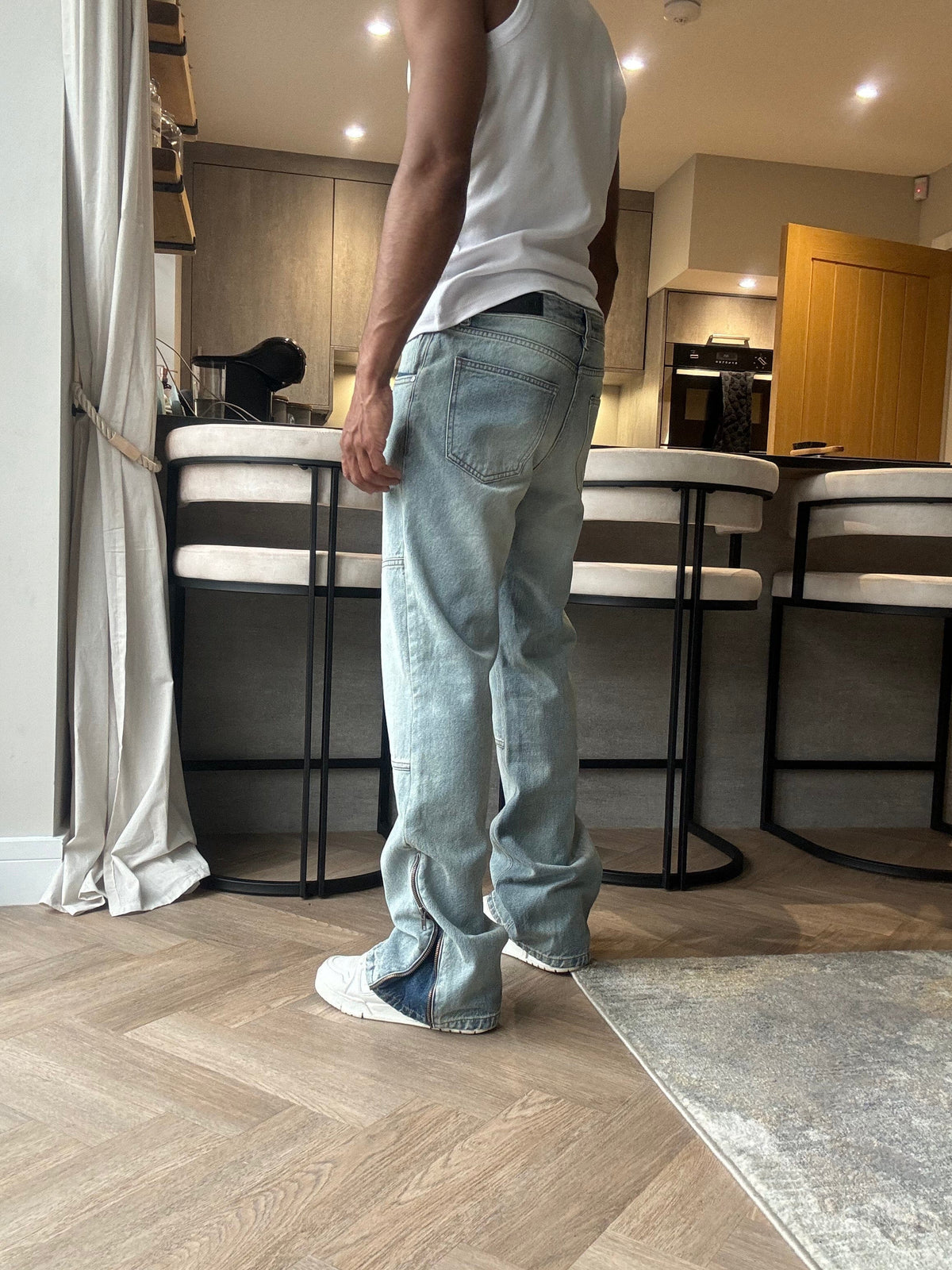 Benir Clothing Zip Flare Denim - Sky Blue — 28 — Lifestyle View