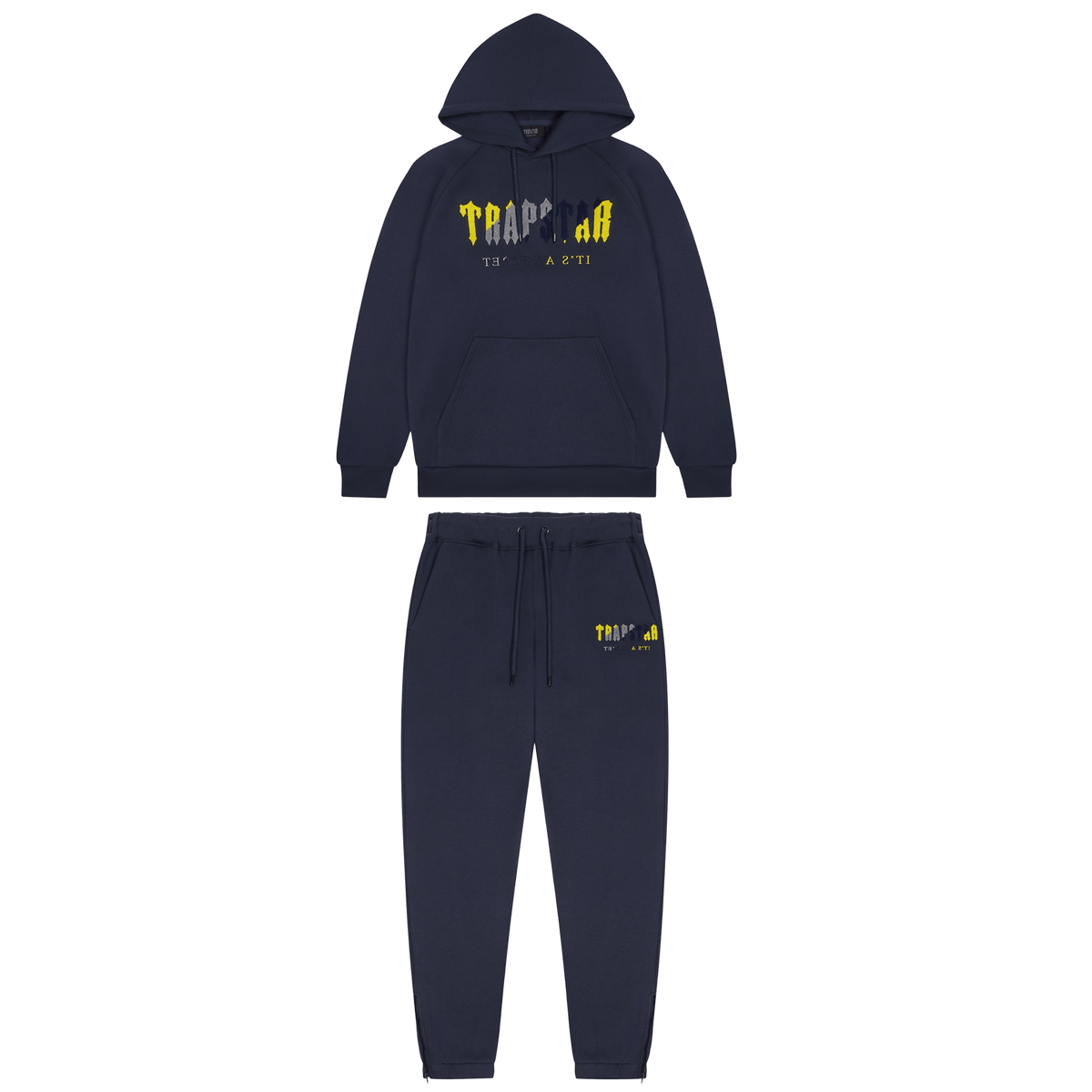 Trapstar Chenille Decoded Hooded Tracksuit-Navy/Yellow — XXS — Front View