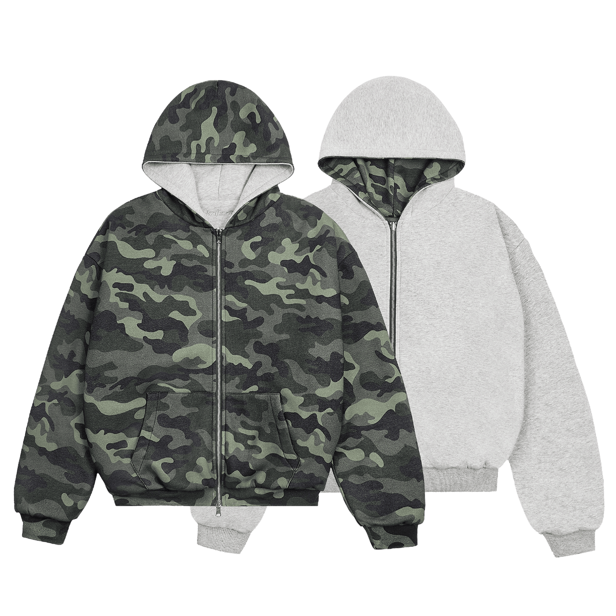 KAIZEN MARKET CAMO/GREY REVERSIBLE ZIP HOODIE — XS — Front View