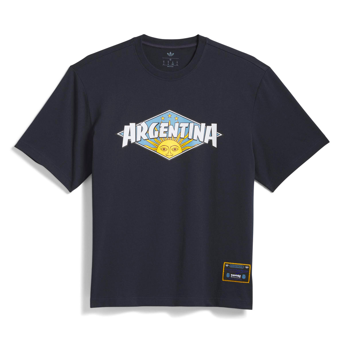 adidas Originals Thrasher x AFA Argentina Tee in Night Navy — loose fit single-jersey collab tee with Thrasher and Argentina football graphics