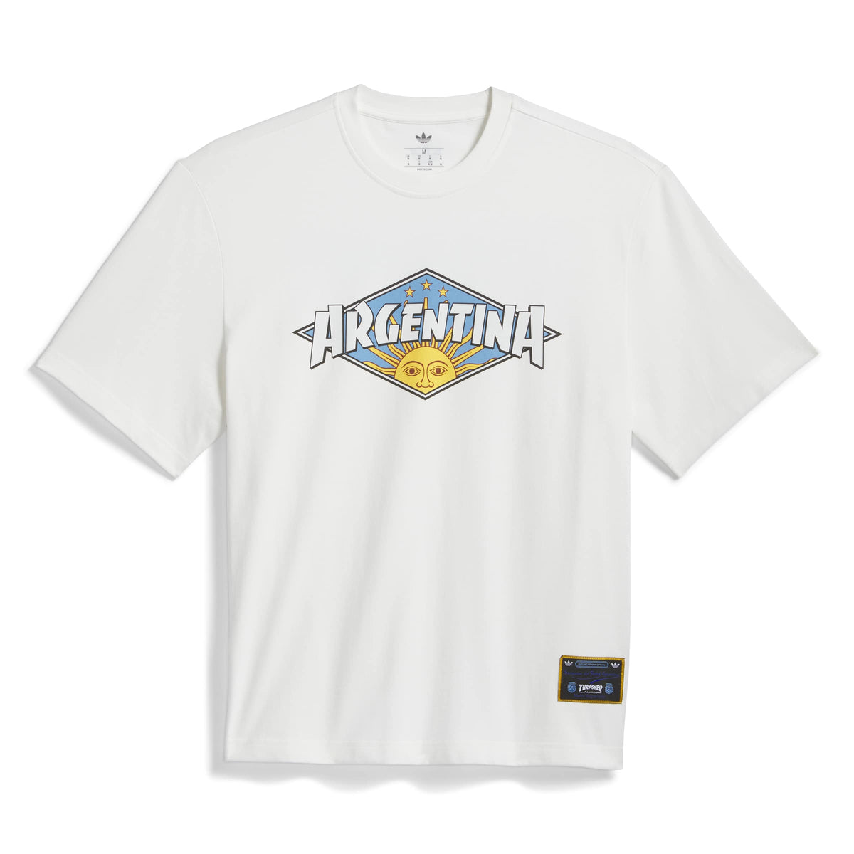 adidas Originals Thrasher x AFA Argentina Tee in Core White — loose fit single-jersey collab tee with Thrasher and Argentina football graphics