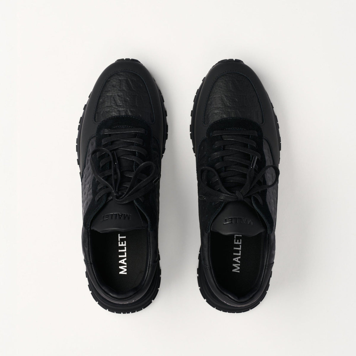 MALLET Popham Men's Black Tumbled Leather Monogram Trainers — UK 05 — Size Black — Detail View