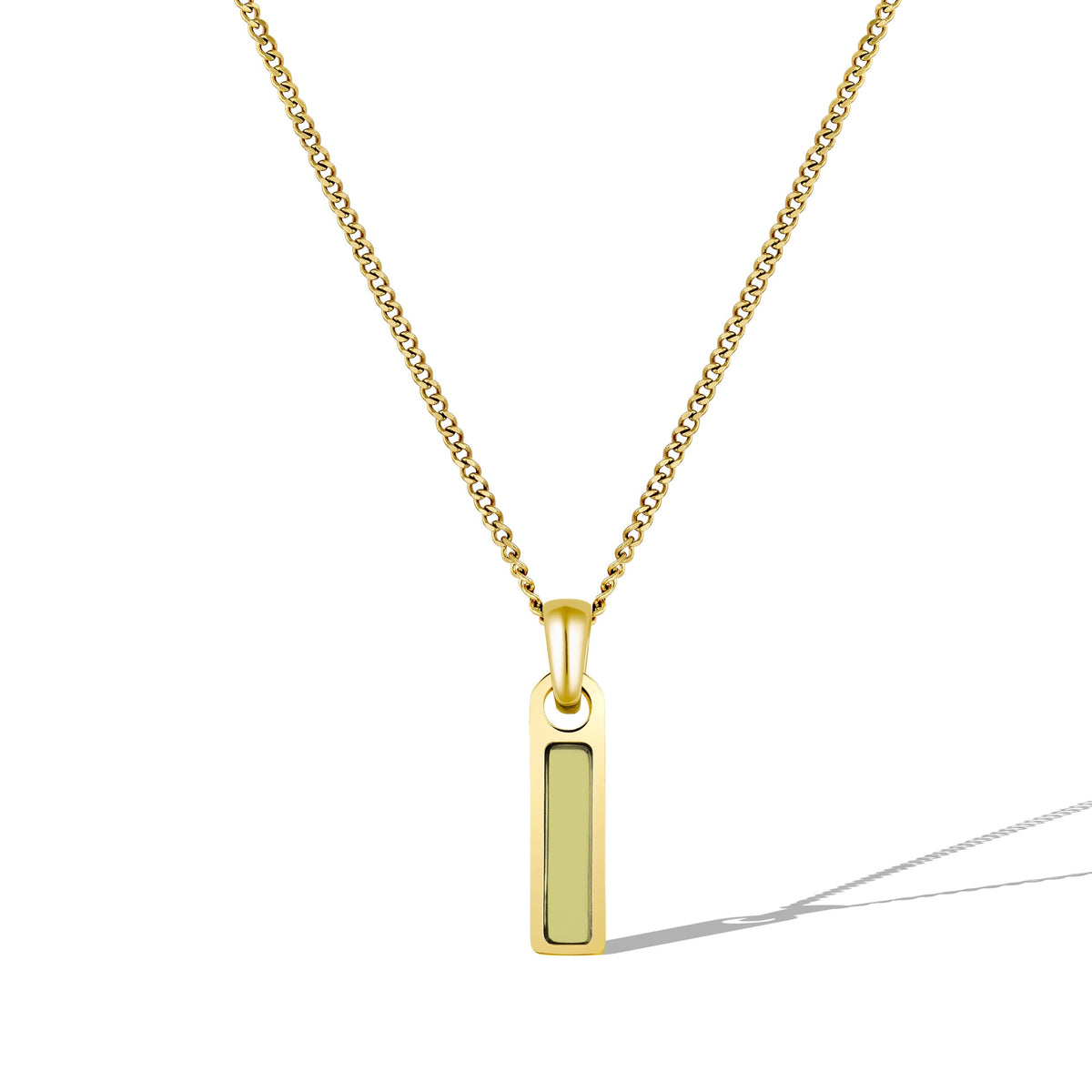 Gold necklace with a rectangular pendant on a white background