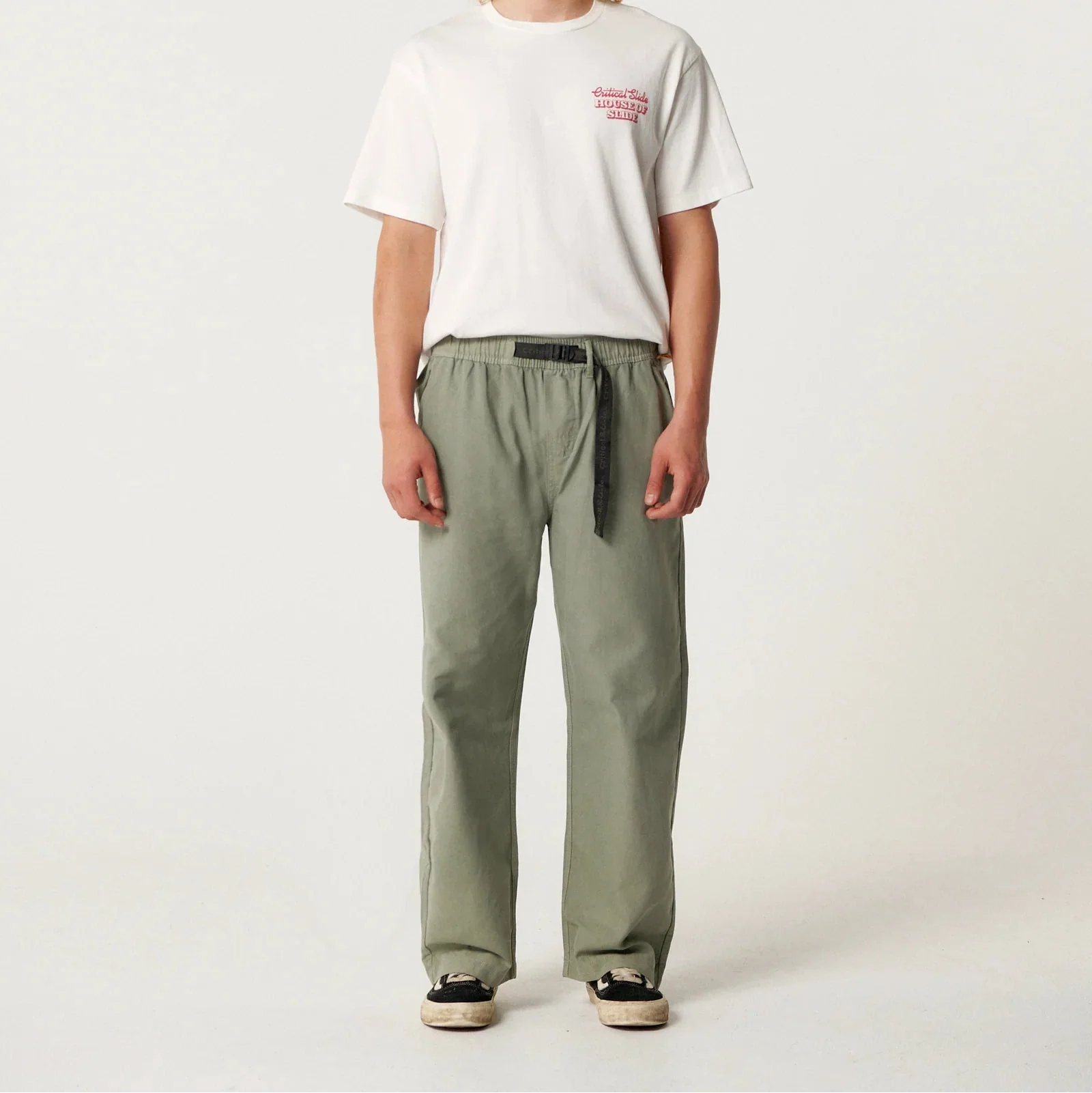 Critical Slide Outdoor Pant Dusty Green with cotton canvas build, straight-leg fit, contrast panels, and utility-inspired design.