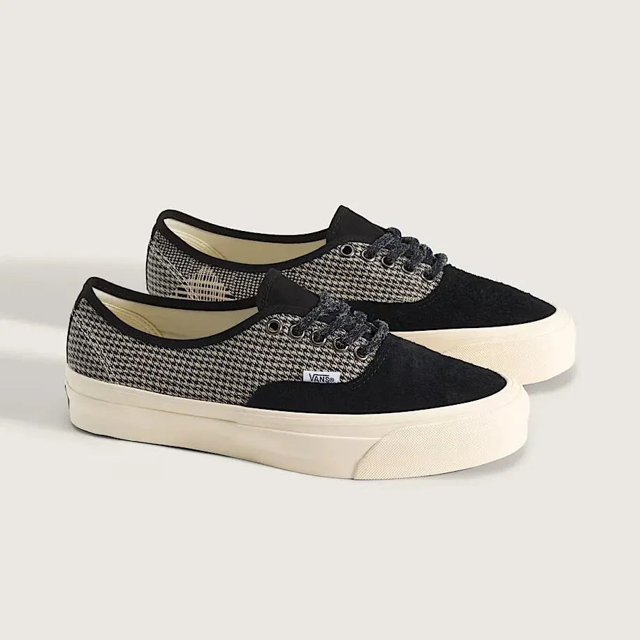 Vans LX Authentic 44 in Herringbone Black/Tan — herringbone-textured suede and canvas upper, vulcanized build, Sola Foam ADC insole, waffle outsole