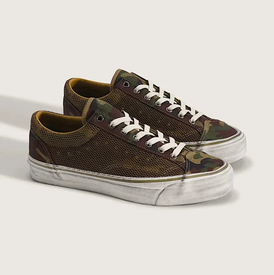 Vans LX Premium Old Skool 36 in Woodland Camo Green with canvas upper and studded Sidestripe gillnet overlay.