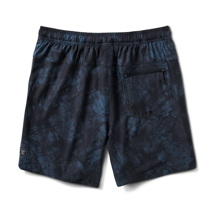 Navy tie-dye Roark shorts with zip pockets and athletic cut