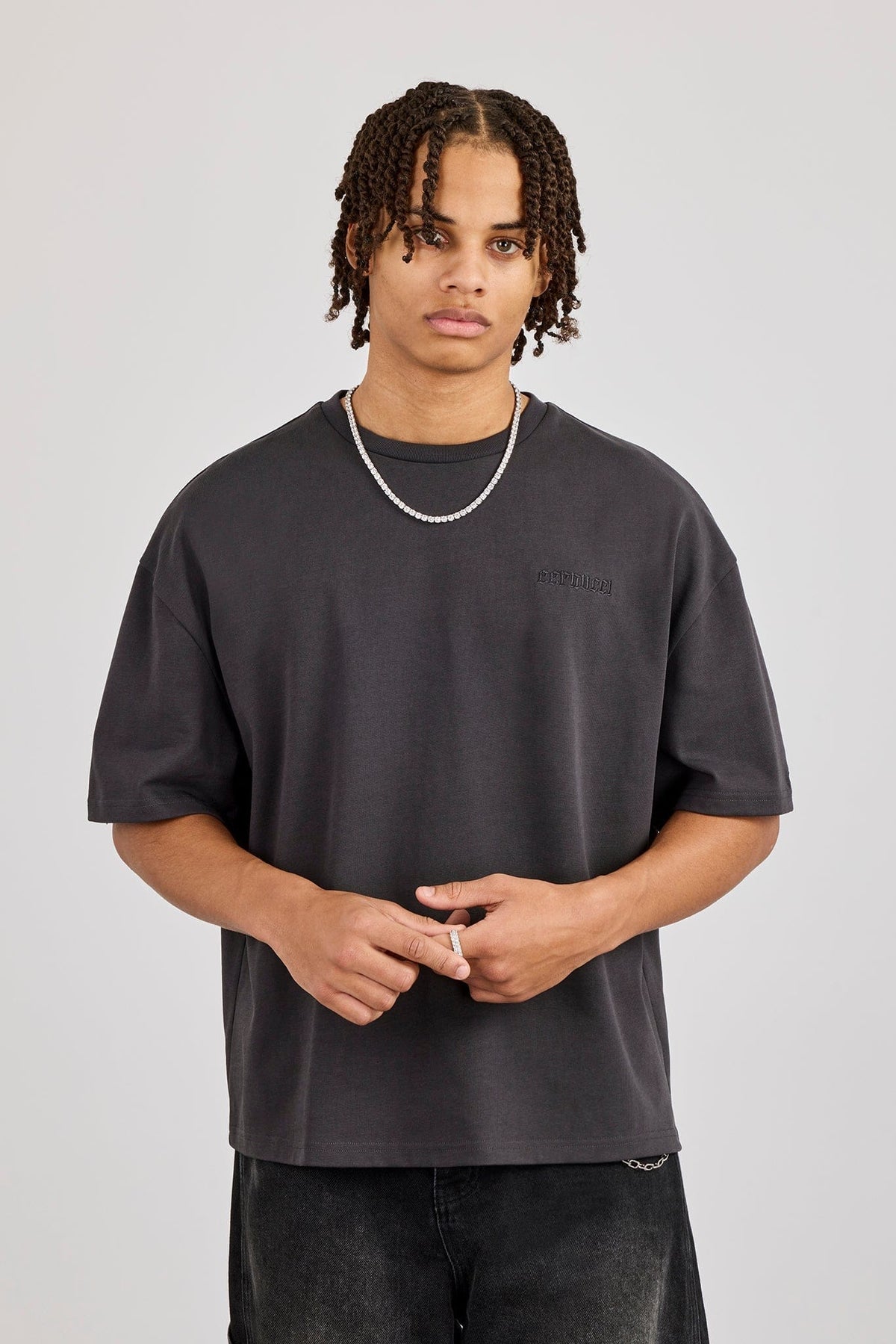 Cernucci Boxy Rhinestone Logo T-Shirt - Charcoal — S — Back View