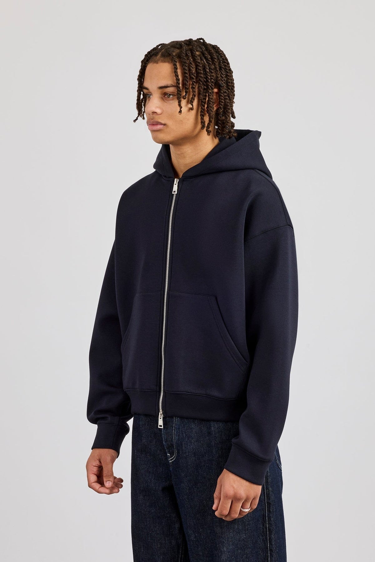 Cernucci Scuba Zip Through Boxy Hoodie - Navy — S — Side View