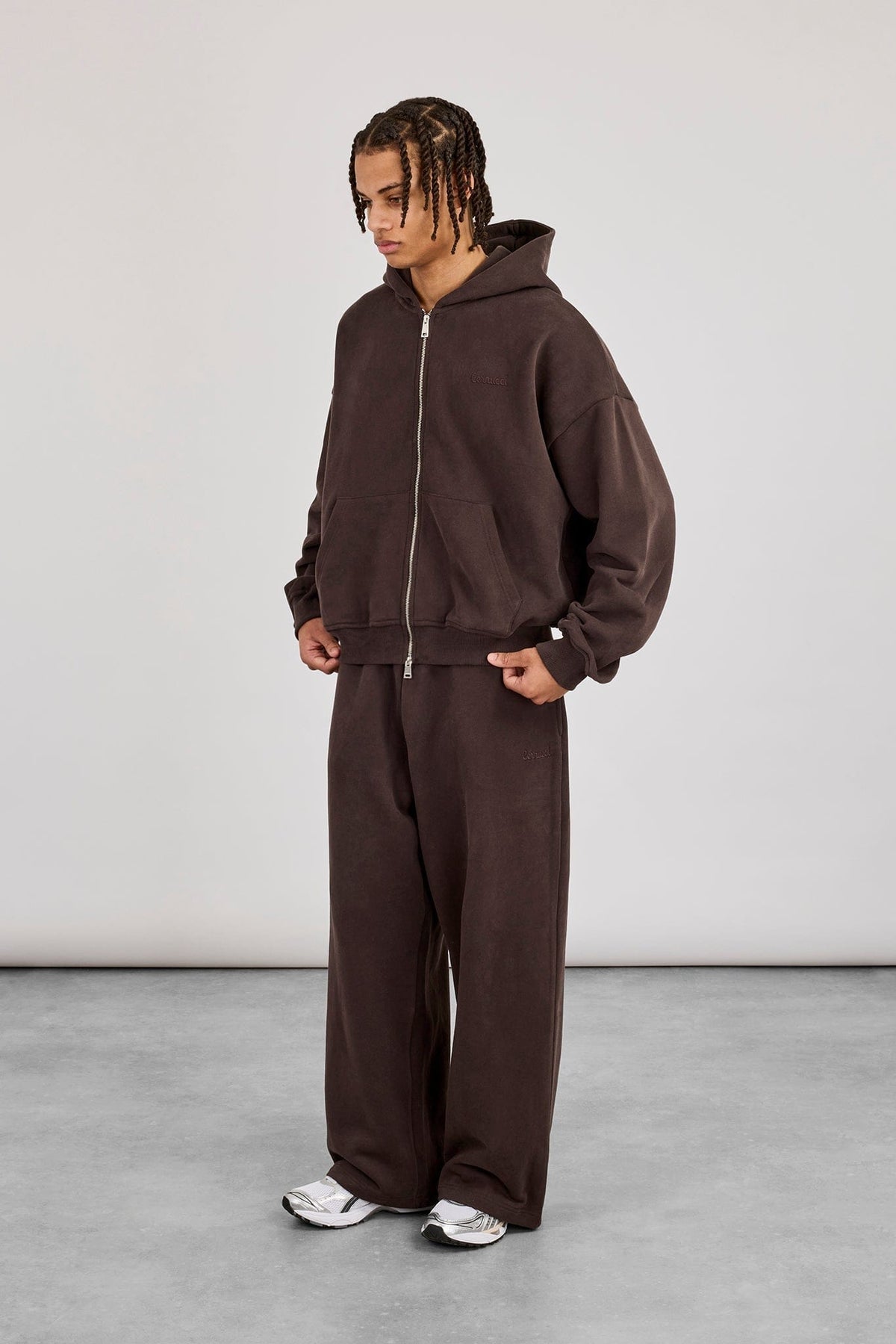 Cernucci Zip Through Boxy Hoodie & Baggy Fit Jogger - Coffee — S — Size S — Front View