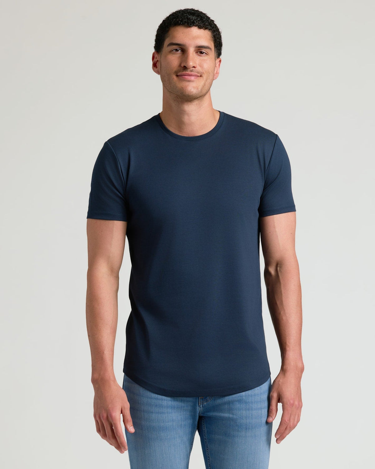 Navy Tall Pima Cotton Blend Curved Hem Crew