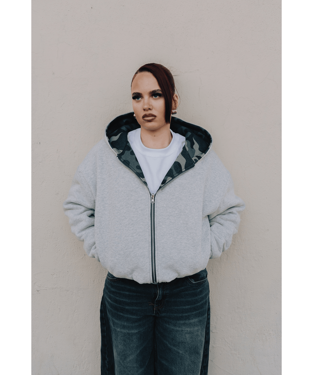 KAIZEN MARKET CAMO/GREY REVERSIBLE ZIP HOODIE — XS — Top View