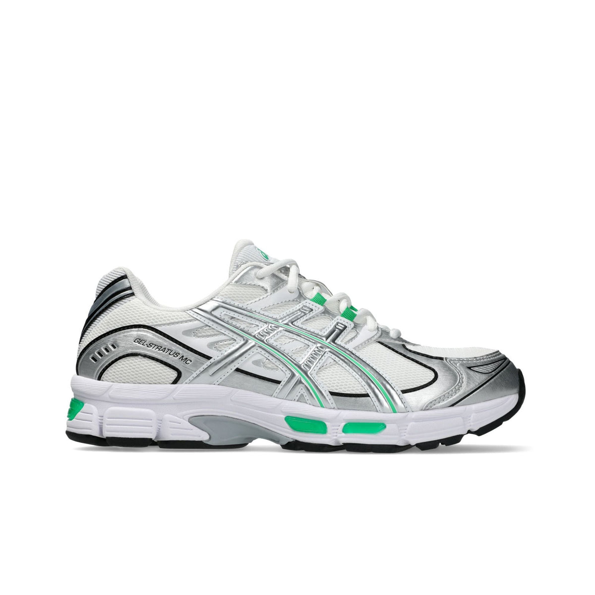 ASICS GEL-Stratus MC Sneakers in White/Cilantro — synthetic leather overlays and air mesh upper with internal rearfoot GEL technology and 2010s running shoe midsole construction.  