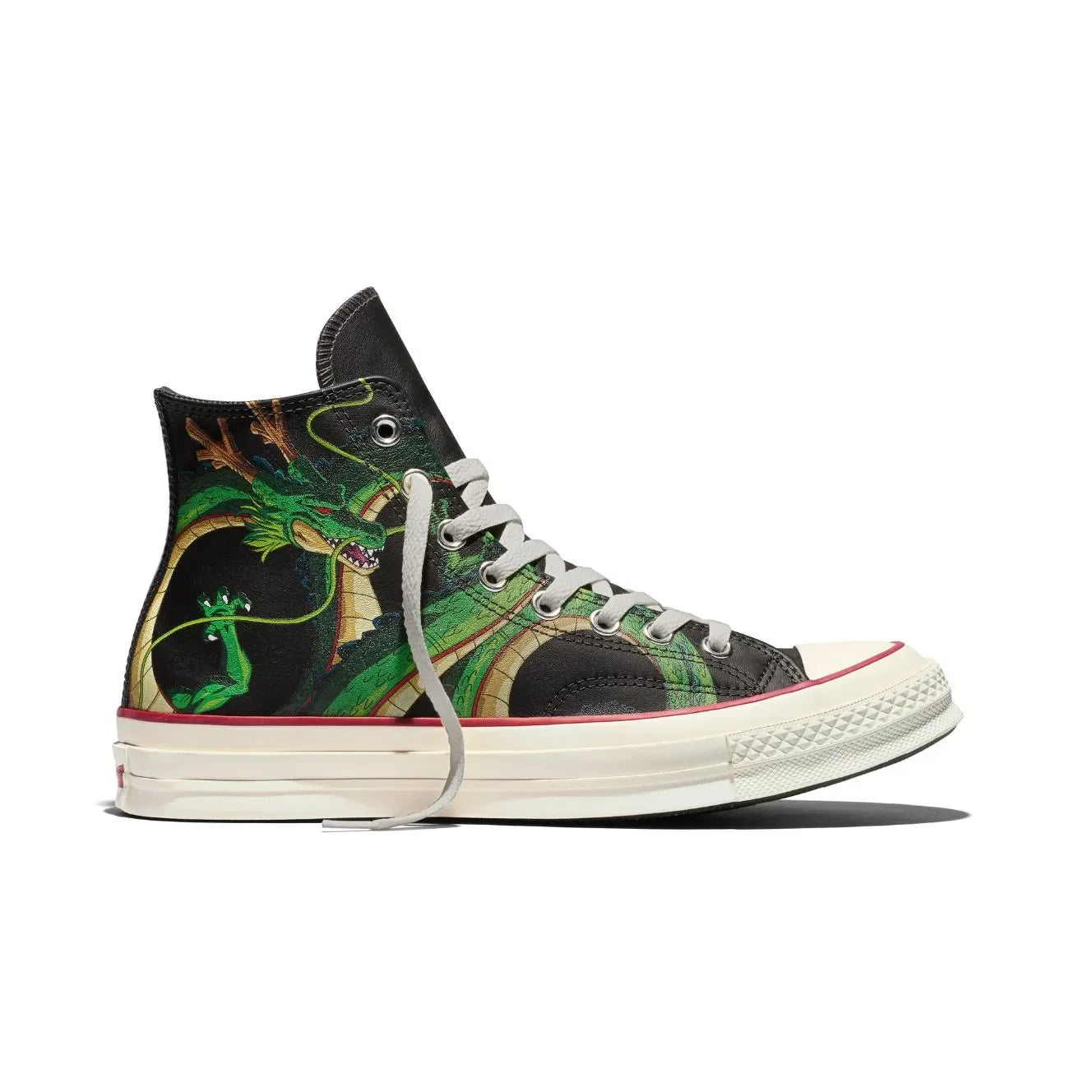 Converse Chuck 70 HI Dragon Ball Z in Black/Cyber/Yellow/Orange — leather upper with Shenron graphics, custom ankle patches, and cobranded details