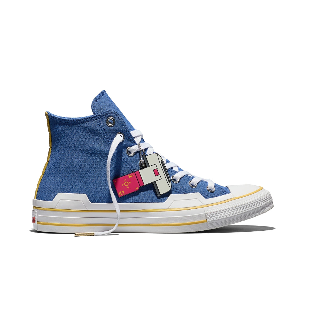 Converse Dragon Ball Z Chuck Taylor All Star HI Vegeta in Delft/High Risk Red/Yellow — textile upper with Scouter charm, Saiyan ankle patch, and cobranded details