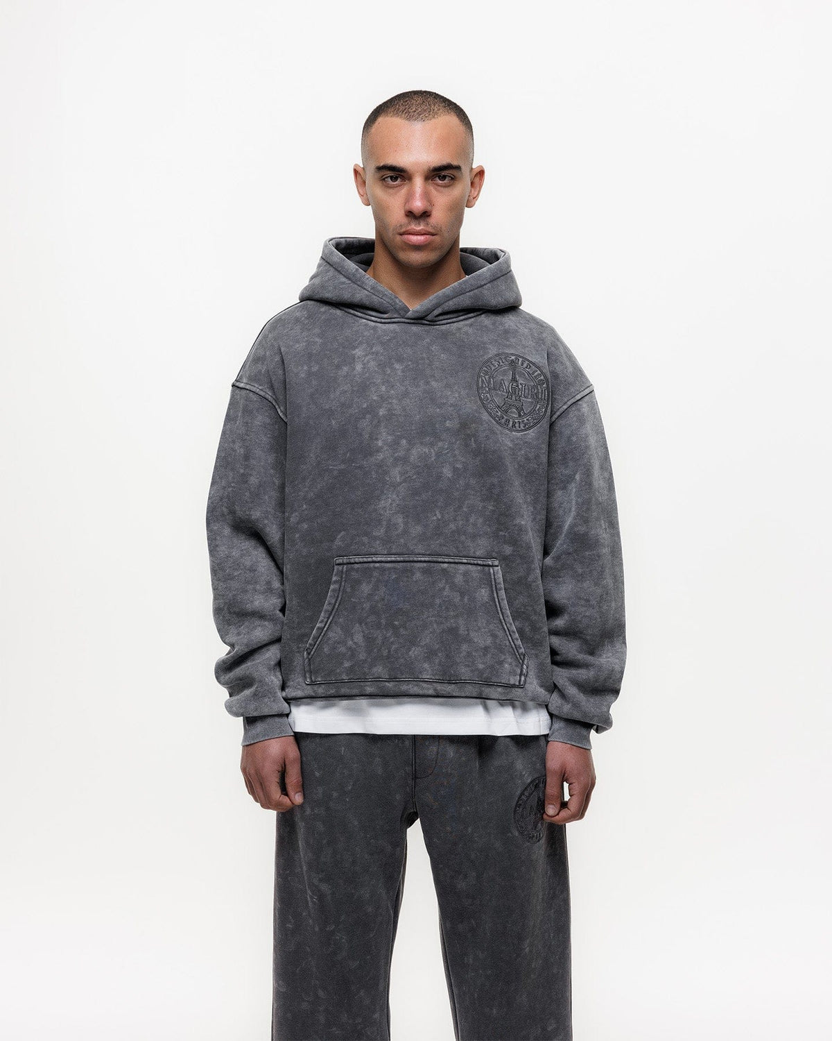 Magiri Embroidered Acid Wash Hoodie 'Washed Grey' — Washed Grey — Size S — Top View