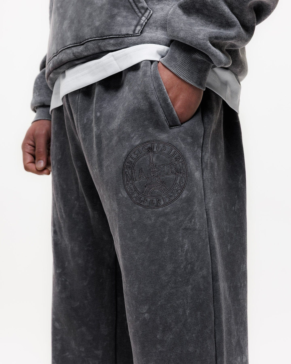 Magiri Embroidered Acid Wash Joggers 'Washed Grey' — Washed Grey — Size S — Top View