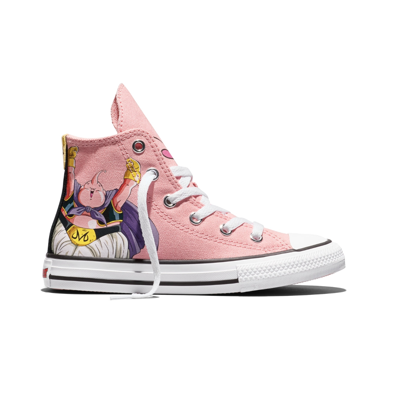 Converse Dragon Ball Z Chuck Taylor All Star Majin Buu Kids in Quartz Pink/Black/Cyber Yellow — canvas upper with Majin Buu graphics, color-popped outsole, and custom ankle patches
