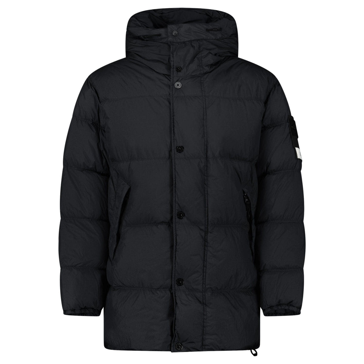 Stone Island Hooded Down Crinkle Reps NY Jacket in Black — S — Front View