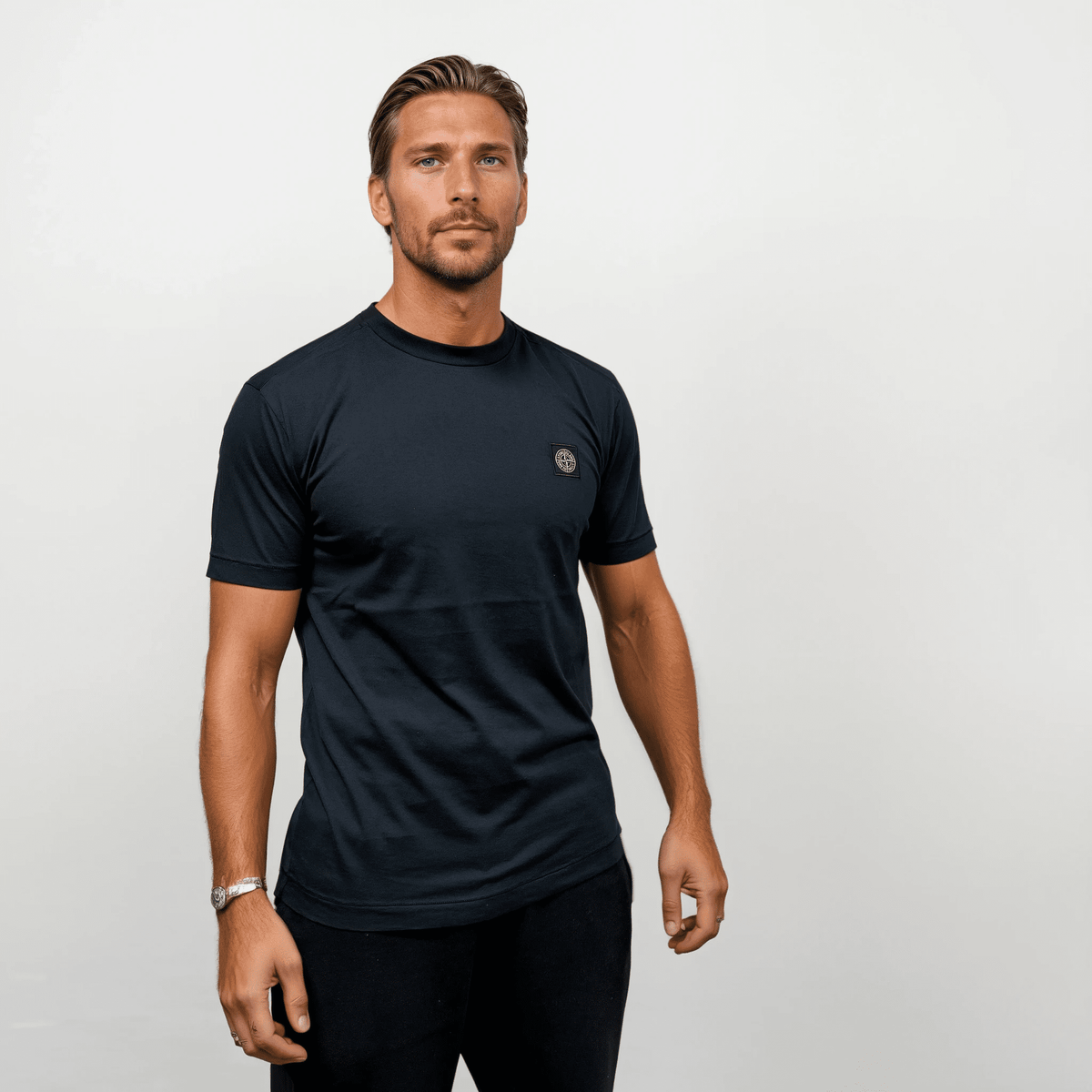 Stone Island Slim-Fit Short-Sleeve T-Shirt With Compass Patch Navy — S — Side View
