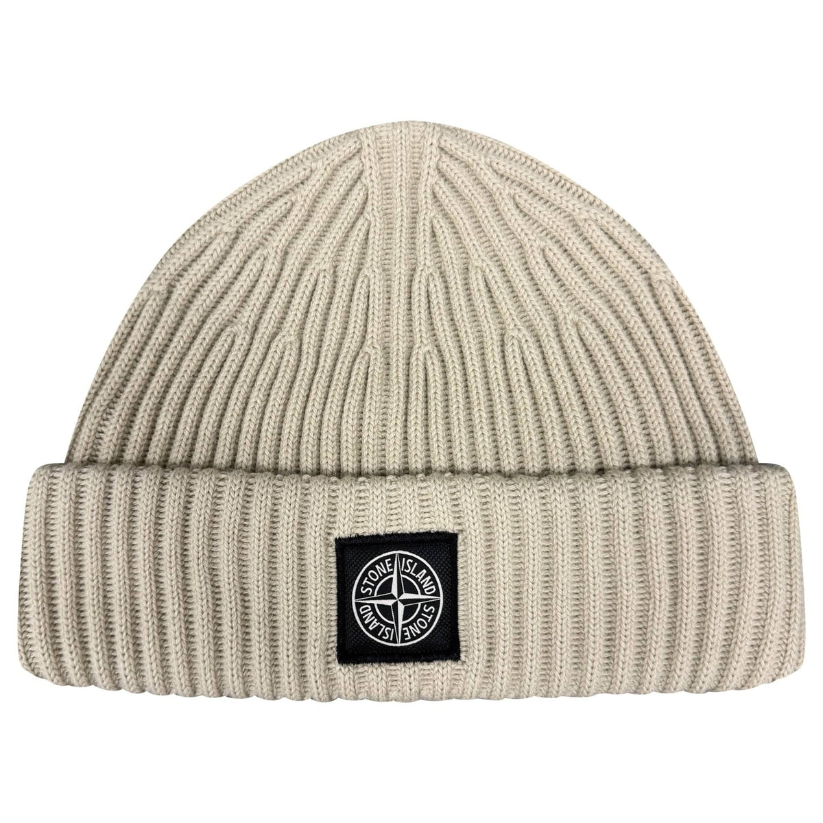 Stone Island Thick Ribbed Wool Beanie Hat Beige — Front View
