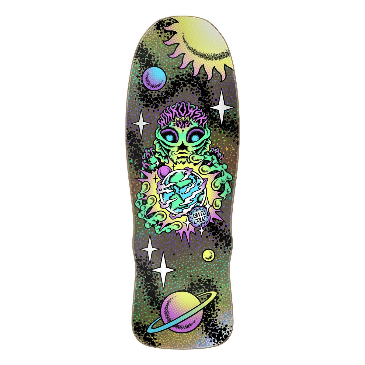 Santa Cruz Winkowski Cosmic Pro Shaped Deck 10.35" — neon and metallic artwork over silver star foil with Cruz Missile II concave and Erick Winkowski's custom shape