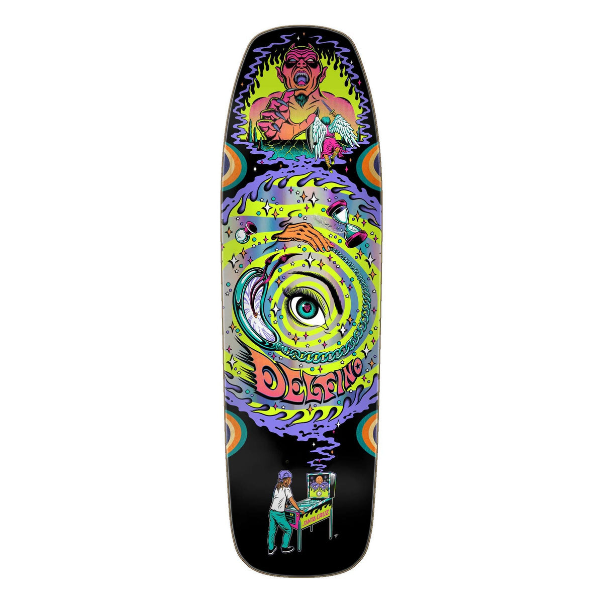 Santa Cruz Fabiana Delfino Pinball Vision Pro Shaped Deck 9.14" — neon graphics over silver rainbow prismatic foil with wheel wells revealing multi-color veneers