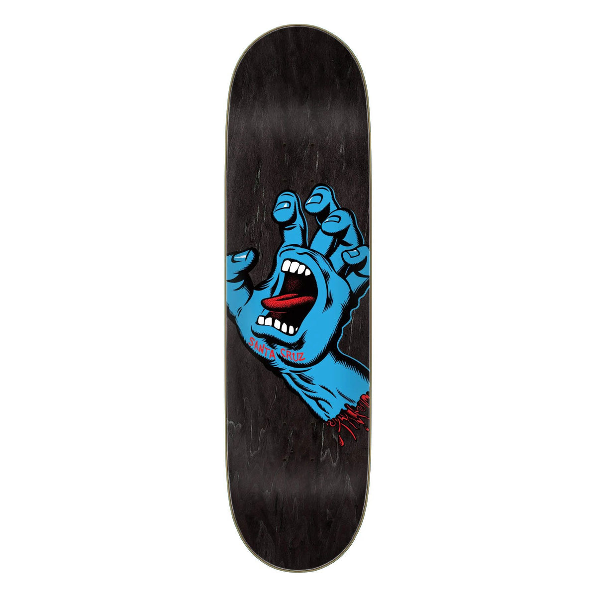 Santa Cruz Screaming Hand Deck 8.5" — iconic Screaming Hand graphic on black stain with 3D concave and 7-ply North American Maple construction
