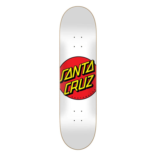 Santa Cruz Classic Dot Deck 8.0" — iconic Classic Dot graphic on painted white with 3D concave and 7-ply North American Maple construction