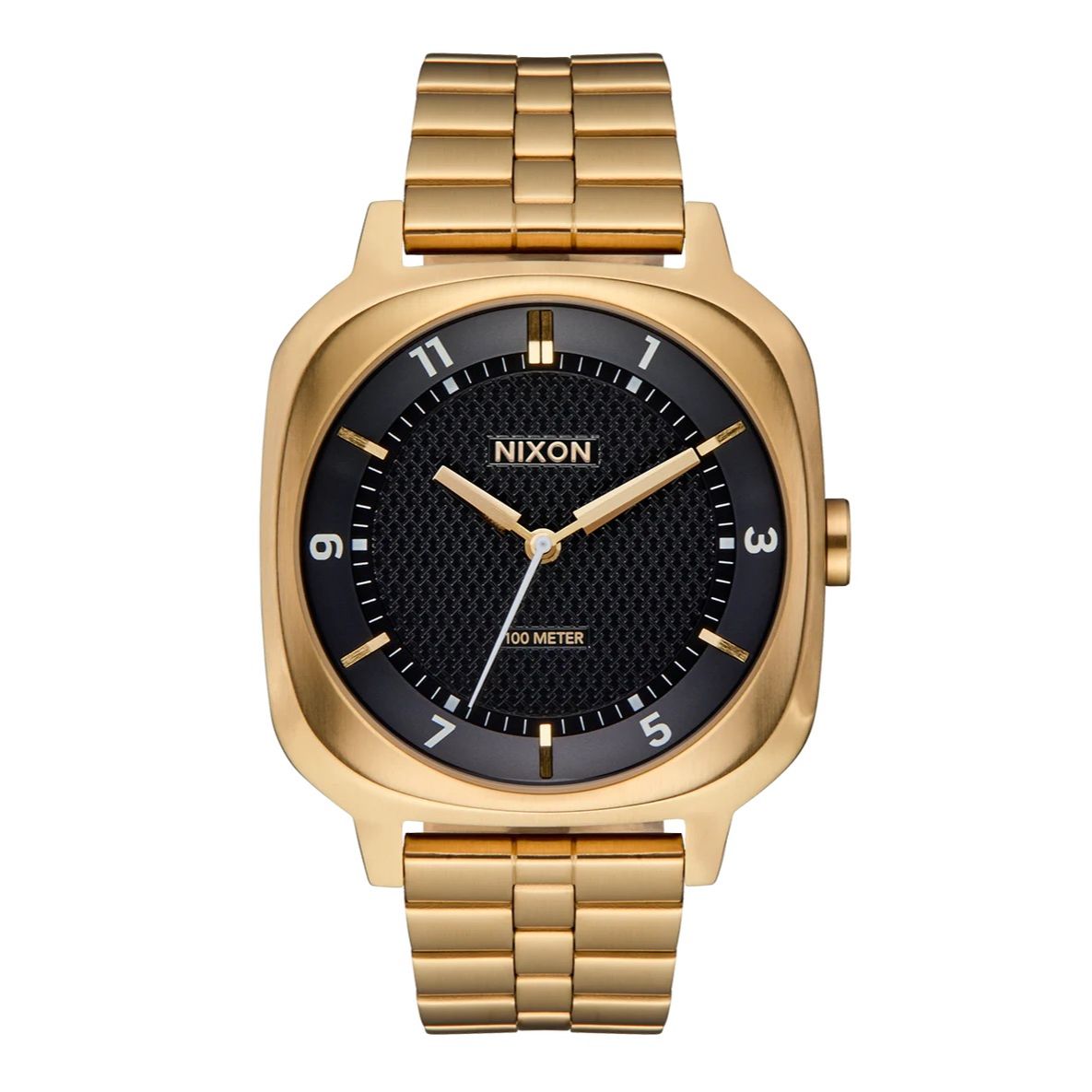 Nixon Fremont 40 Gold/Black analog watch with gold stainless steel bracelet and black dial.