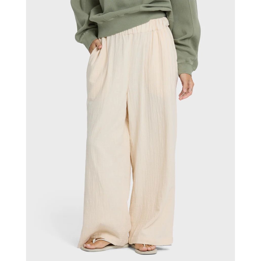 "Billabong Follow Me Pants in Dove — women's full-length pull-on beach pants, regular fit, 100% cotton double slub gauze"