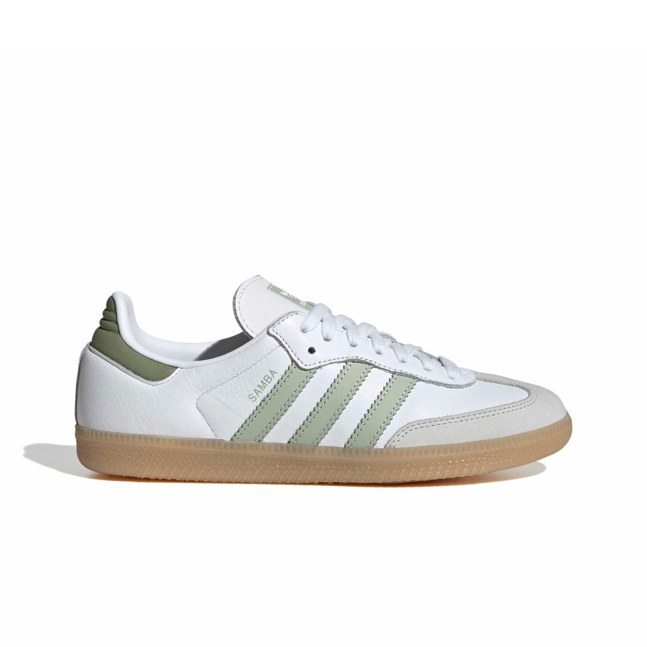 adidas Originals Samba OG Shoes in Footwear White/Halo Green/Tent Green — leather upper, football-inspired tongue, rubber outsole