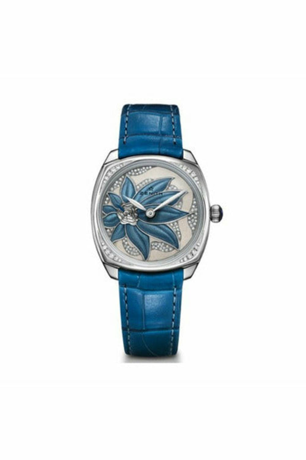 zenith star blue enameled flower dial 18k white gold ladies watch ref. 45.1972.681/36.c757